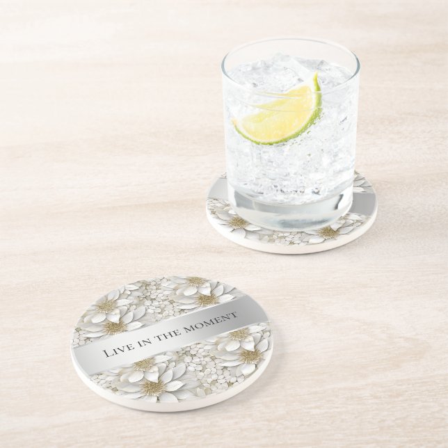 Gold White Lotus Flowers  Coaster (Side)