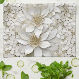 Gold White Lotus Flowers Tea Towel