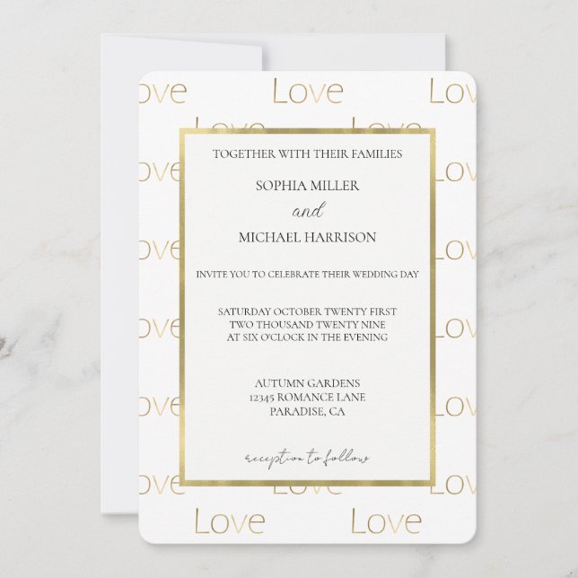 Gold White Love Wedding Invitation (Front)