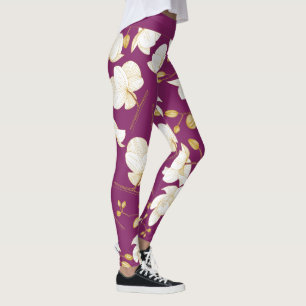 Gold, white & magenta elegant orchid floral modern leggings
