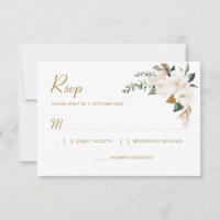 gold & white magnolia floral RSVP card