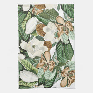 Gold White Magnolia Flowers Floral Kitchen Towel