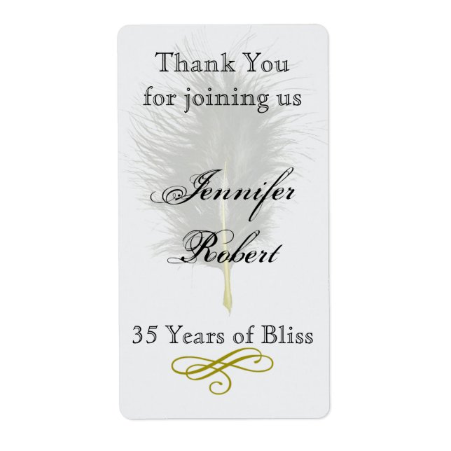 Gold White Marabou Feather Anniversary Wine Label (Front)
