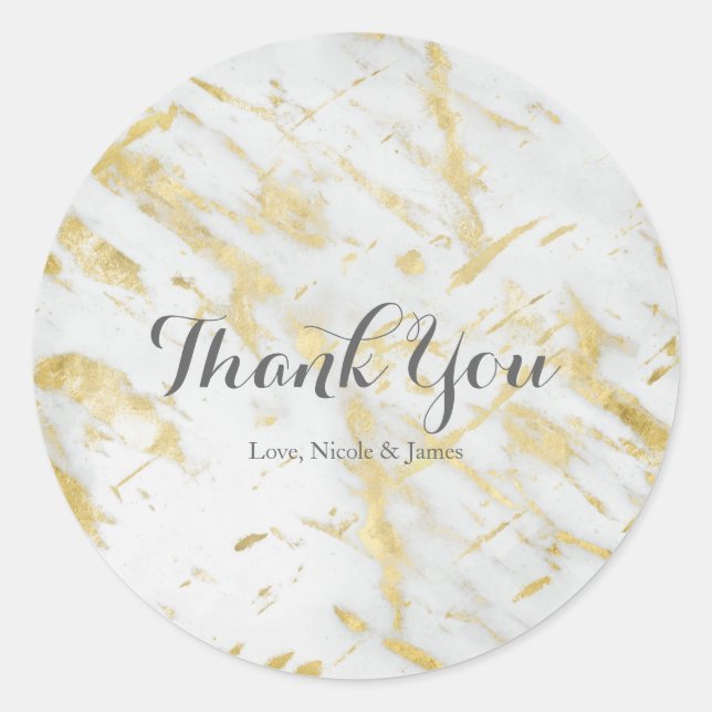 Gold & White Marble Glam Elegant Modern Wedding Classic Round Sticker (Front)