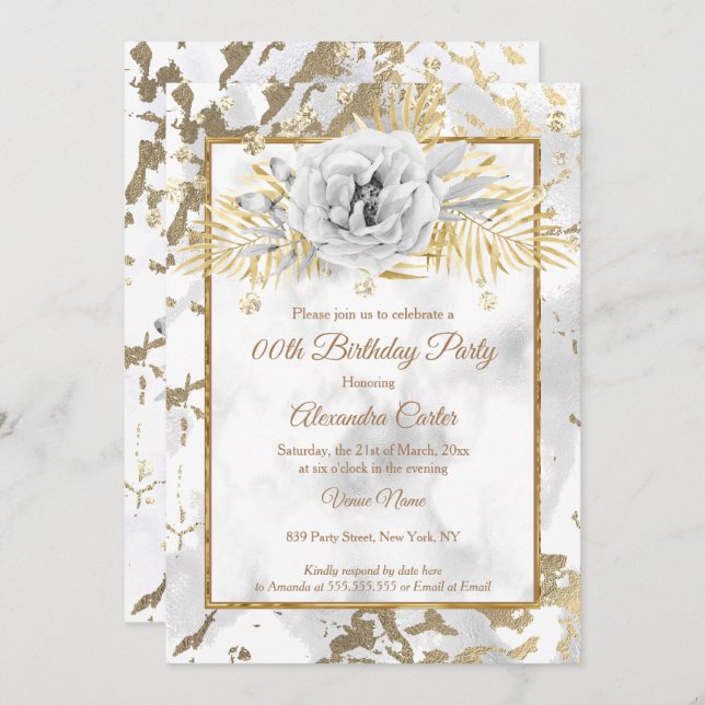 Gold white marble Rose Floral Birthday Party Invitation (Front/Back)