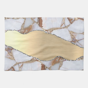 Gold White Marble Shiny Stone Glitter  Tea Towel