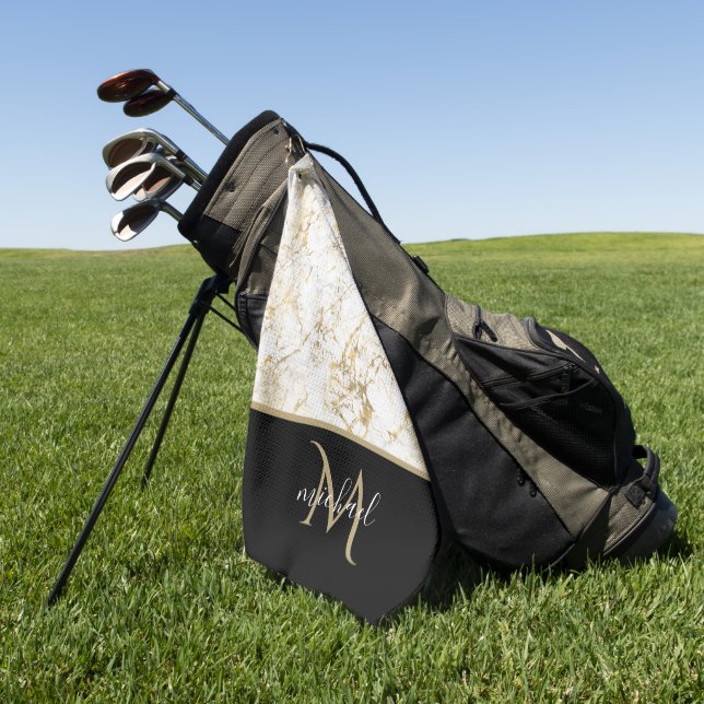 Gold & White Marble with Black Monogram Luxury Golf Towel (Green)