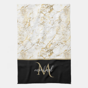 Gold & White Marble with Black Monogram  Tea Towel