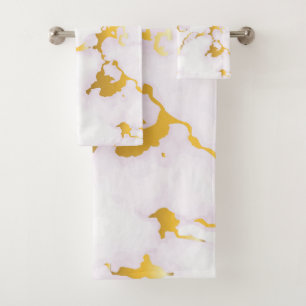 Gold & White Marbled Bath Towel Set