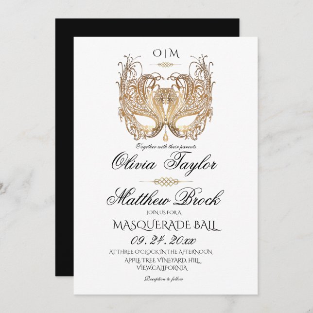Gold White Masquerade Wedding  Invitation (Front/Back)