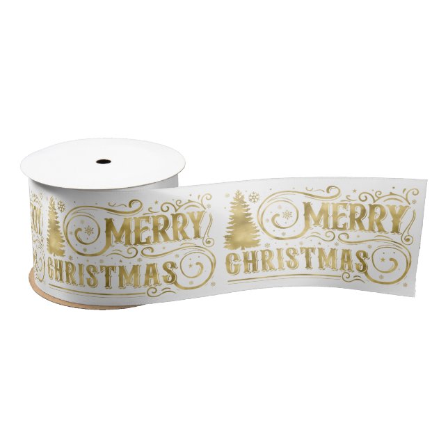 Gold White Merry Christmas Typography Pattern Satin Ribbon (Spool)
