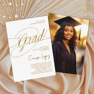 Gold & White Minimal Scripted Grad Ceremony Photo Invitation