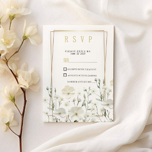 Gold white mint delicate floral arrangement RSVP Invitation