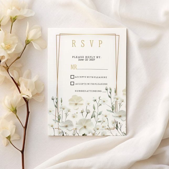 Gold white mint delicate floral arrangement RSVP  Invitation (Gold white mint delicate floral arrangement RSVP)