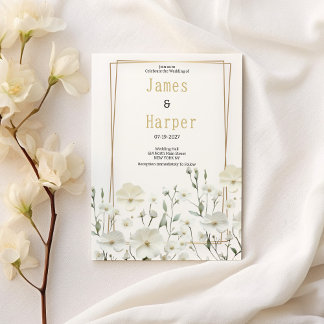 Gold white mint delicate floral Wedding Invitation