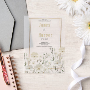 Gold white mint delicate floral Wedding Vellum Invitations