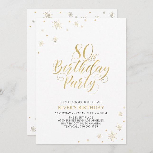 Gold & White | Modern Chic 80th Birthday Party Invitation (Front/Back)