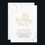Gold & White | Modern Chic 90th Birthday Party Invitation<br><div class="desc">Let's celebrate your special day with this stylish golden 90th birthday party invitation. This design features chic gold typography on front and gold sparkle graphics with a photo on a backside. Replace the sample photo with yours or delete if you don't want it. The background colour is set to white,...</div>