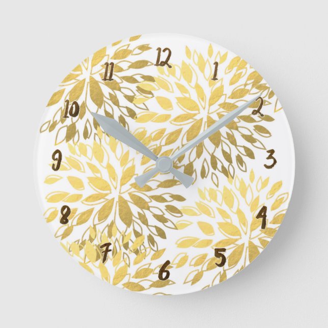 Gold & White Modern Floral Art Faux Foil Glam Round Clock (Front)