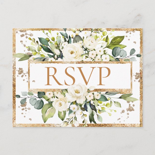 Gold White Monogram Floral Wedding RSVP Postcard (Front)