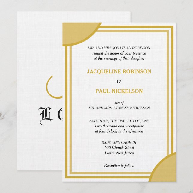 Gold White Monogram Geometric Wedding Invitation (Front/Back)