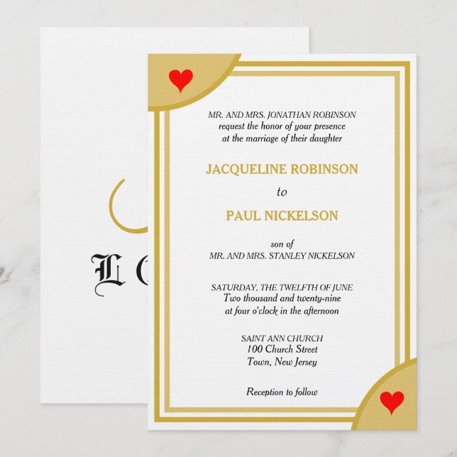 Gold White Monogram Geometric Wedding Red Hearts Invitation (Front/Back)