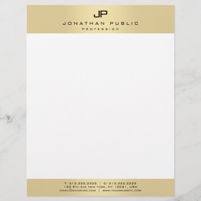 Gold White Monogram Modern Template Personalised Custom Letterhead (Front)