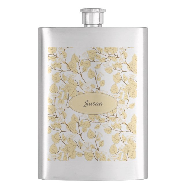Gold White Morning Glory Flower Hip Flask (Front)