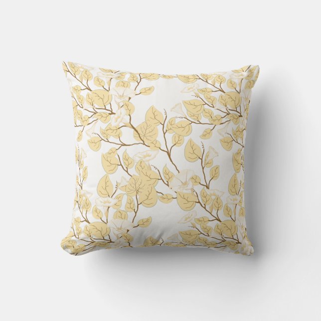 Gold White Morning Glory Flower Throw Pillow (Front)