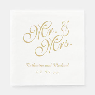 Gold White Mr. and Mrs.   Wedding Paper Napkins