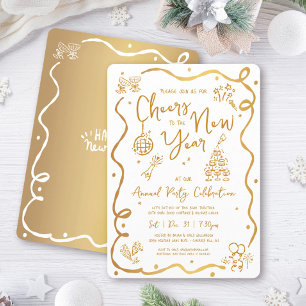 Gold White New Year Cheer Hand Drawn Sketch Party Invitation