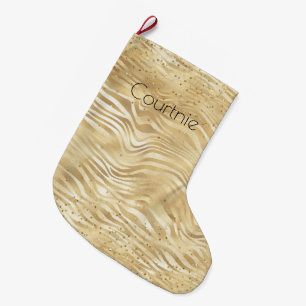 Gold White Ombre Zebra Confetti Sparkles        Large Christmas Stocking