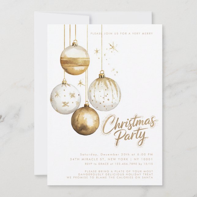 Gold White Ornaments Baubles Christmas Party Invitation (Front)