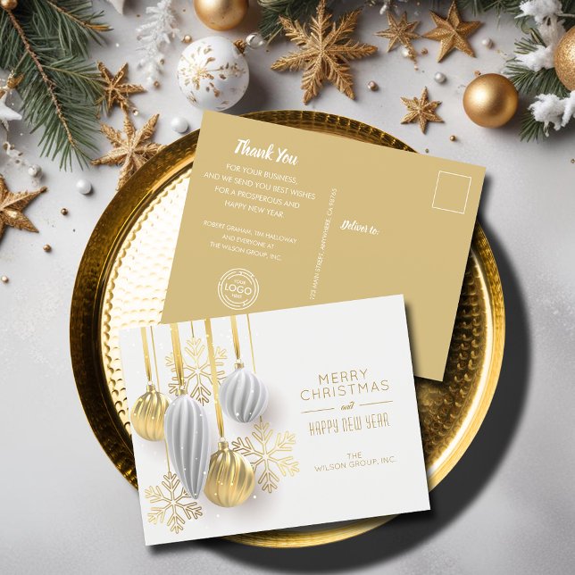 Gold White Ornaments Business Holiday Postcards (Gold and white Christmas ornaments business holiday greeting postcards)