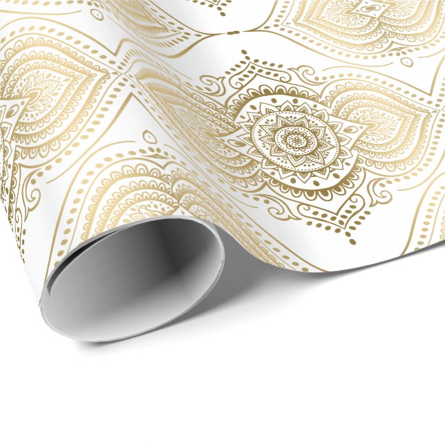 Gold & White Ornate Lace Teardrops Pattern Wrapping Paper (Roll Corner)