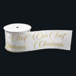 Gold White Our First Christmas Script Typography Satin Ribbon<br><div class="desc">This ribbon design features an elegant gold script typography pattern on a white background,  the perfect ribbon to wrap up your holiday present for your first Christmas as Mr. and Mrs.</div>