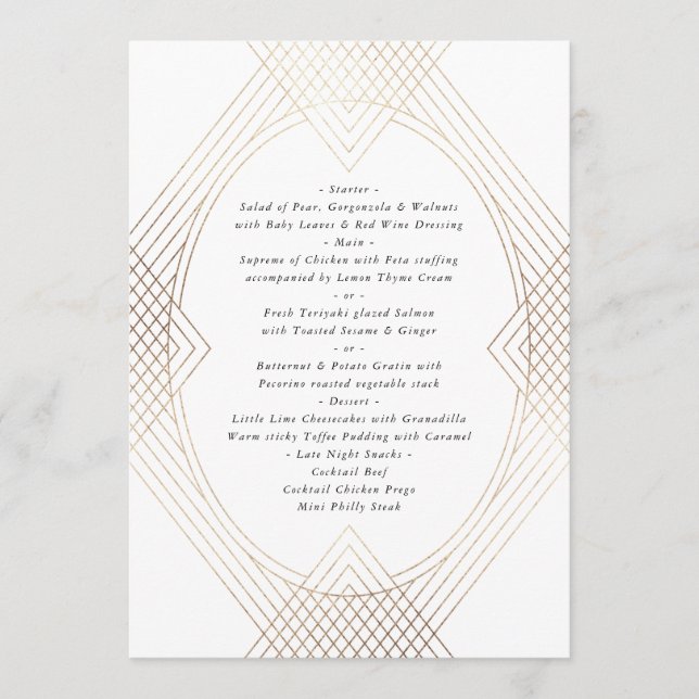 Gold White Oval Geometric Art Deco Gatsby Wedding Menu (Front)