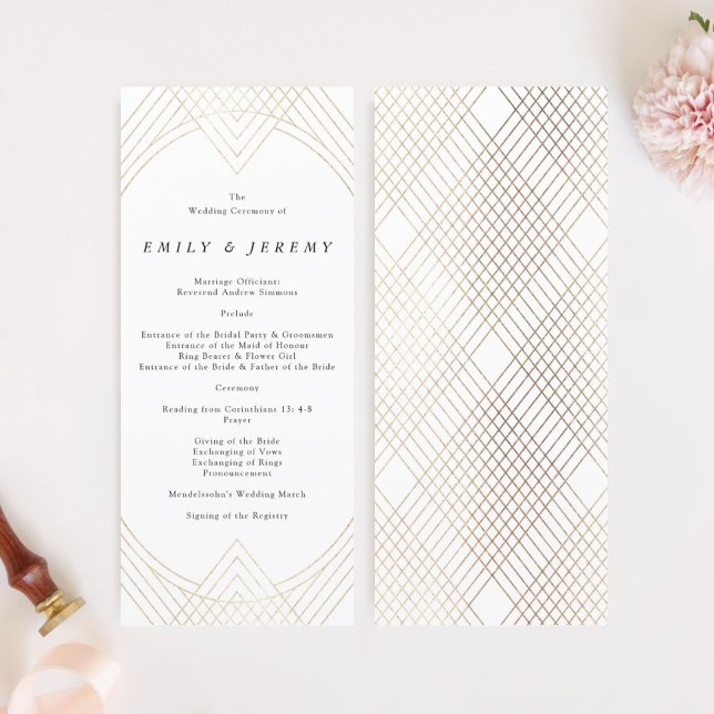 Gold White Oval Geometric Art Deco Gatsby Wedding Programme (Creator Uploaded)