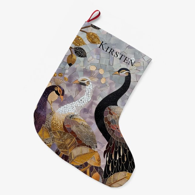 Gold White Peacocks Christmas Name Large Christmas Stocking (Front (Hanging))