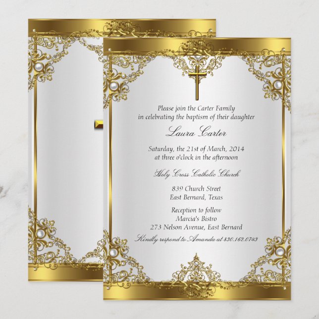 Gold White Pearl Cross Baptism Christening 2 Invitation (Front/Back)