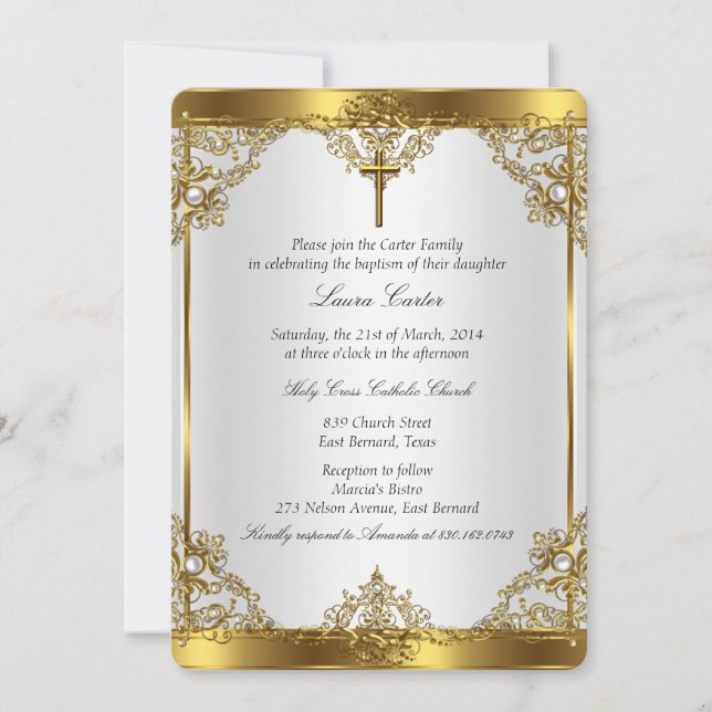 Gold White Pearl Cross Baptism Christening 2 Invitation (Front)