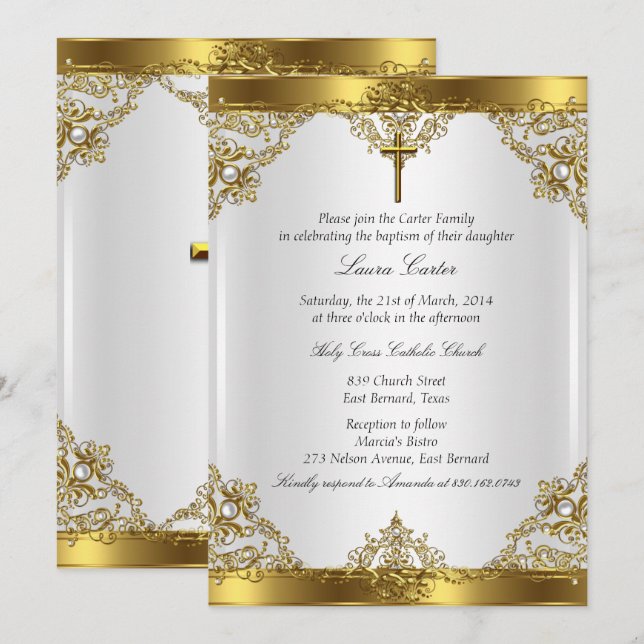 Gold White Pearl Damask Cross Baptism Christening Invitation (Front/Back)