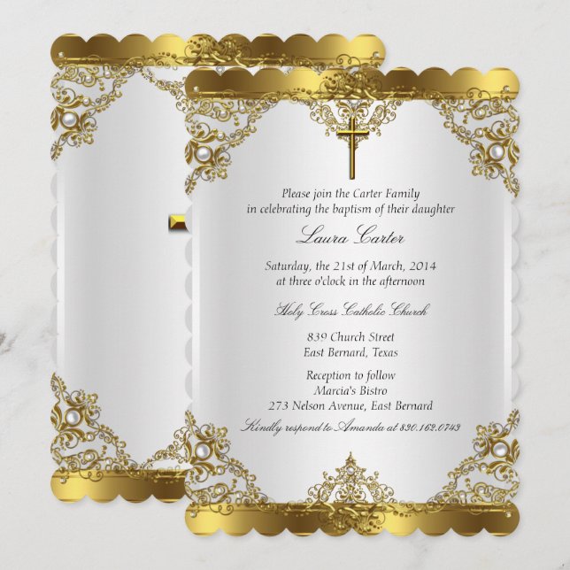 Gold White Pearl Damask Cross Baptism Christening Invitation (Front/Back)