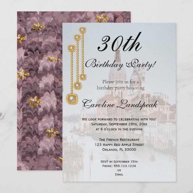Gold & White Pearl Jewels in Venice Happy Birthday Invitation (Front/Back)