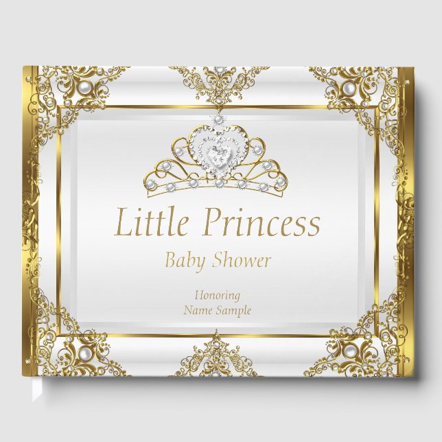 Gold White Pearl Princess Baby Shower Guest Book (Front)