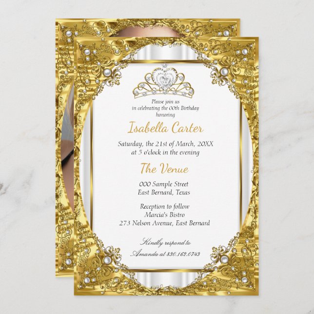 Gold White Pearl Tiara Photo Birthday Party Invitation (Front/Back)