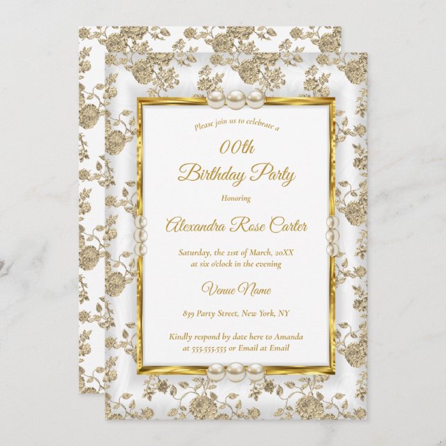 Gold White Pearl Vintage Damask Rose Birthday Invitation (Front/Back)