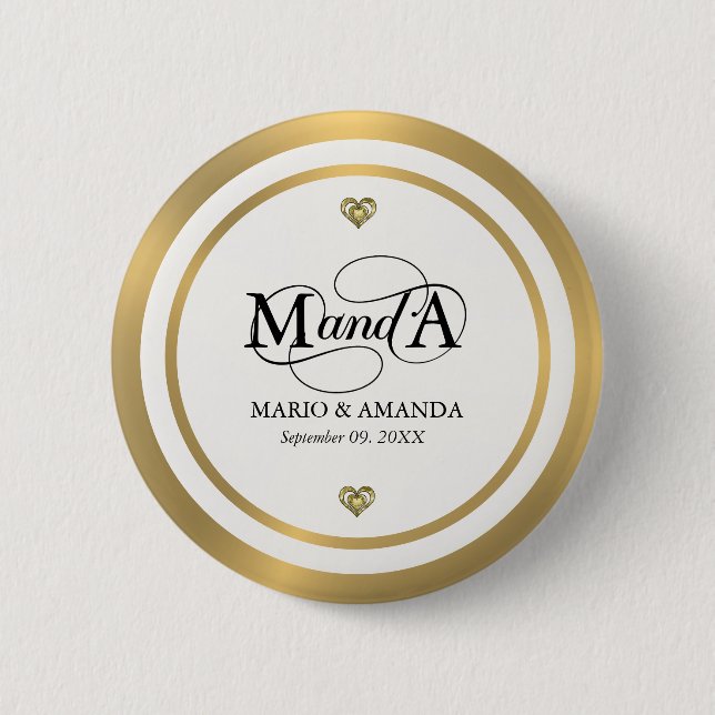 Gold White Personalised Wedding Monogram 6 Cm Round Badge (Front)
