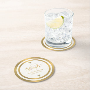 Gold White Personalised Wedding Monogram Round Paper Coaster