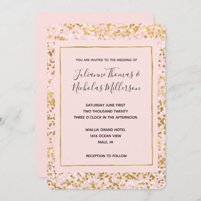 Gold White Pink Confetti Wedding Invites (Front/Back)